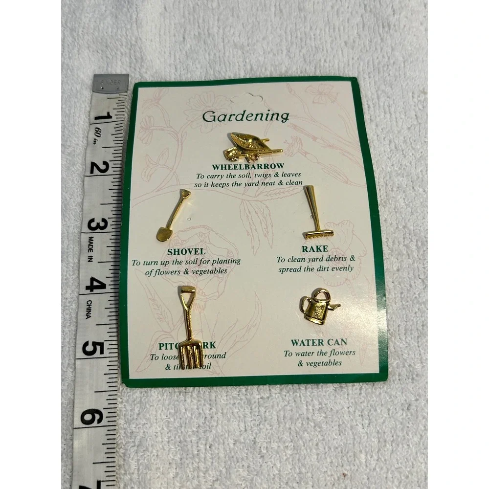 Gold Tone Gardening Tool Lapel Pin Set 5pc Wheelbarrow Shovel Rake Watering Can - Picture 3 of 4